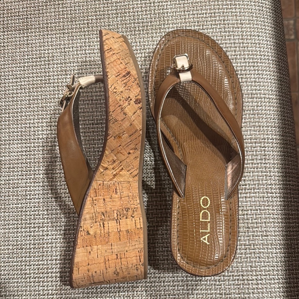 Aldo Brown Wedge Sandals with Metallic Straps